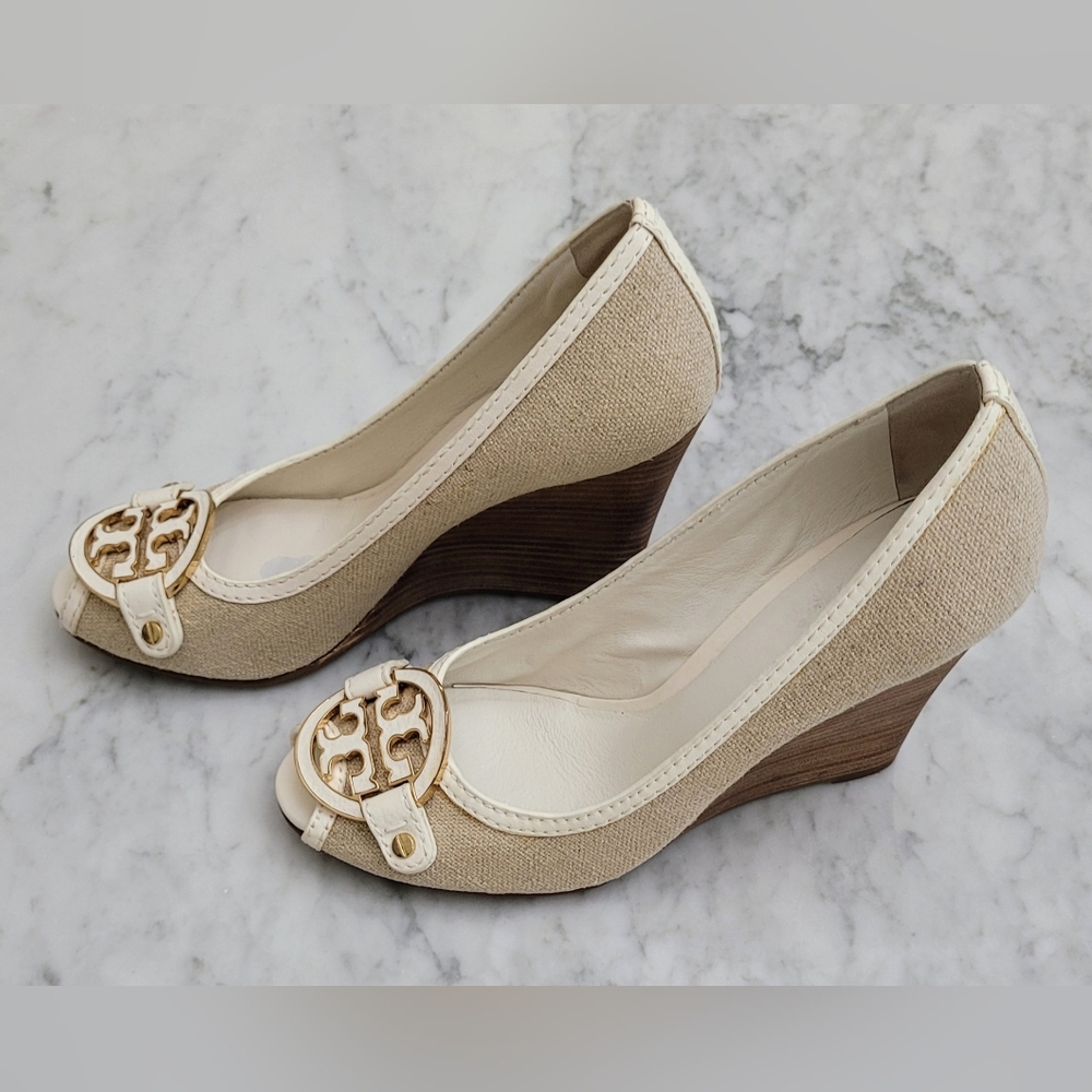 Tory Burch Cream and Brown Wedges